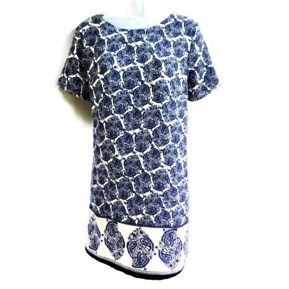 Lulus Shift Dress Taj Majal Tour Blue Print Border Hem Short Sleeve Lined USA M - Picture 2 of 7